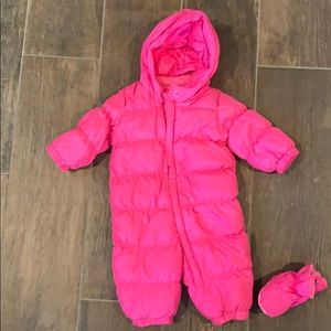 Bright pink puffy, fleeced lined snow suit